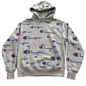 Champion Reverse Weave All Over Logo Hoodie Pullover Gray Medium Script Print